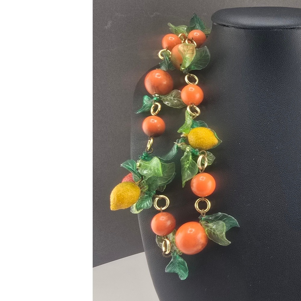 Vintage Estate Necklace Orange Fruit Lemon Strawberry Kitsch Beads 20in